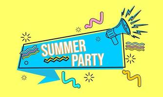 Memphis style blue summer party banner design. summer advertising badge with loudspeaker element vector