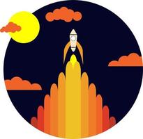 Rocket launch on space. Spaceship flying in sky, Cosmos exploration and galaxy traveling. Cartoon space shuttle lifting off. New project or product vector illustration