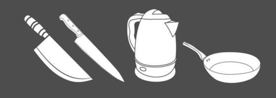 kitchen utensil icon set. knife, frying pan, electric kettle icon