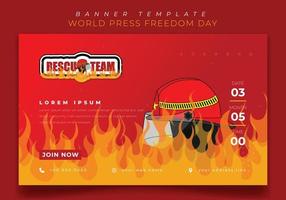Banner template design with flaming fire background and fire helmet for firefighter day design vector