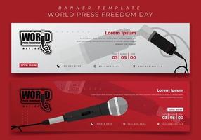 Red and white banner template for world press freedom day with microphone design