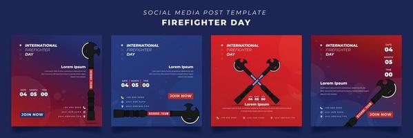 Set of social media post template with blue and red background for firefighter day vector