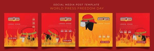 Set of social media post template in fire overflow background for firefighter day with helmet design vector