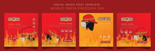 Set of social media post template in fire overflow background for firefighter day with helmet design vector