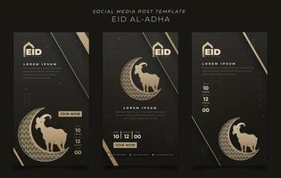 conjunto de plantillas de redes sociales en fondo de oro negro con media luna y cabra para el diseño de eid al adha vector