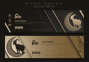 Web banner template for eid al adha islamic holiday in black gold background with goat design
