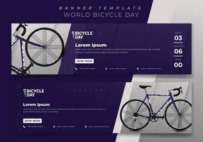 plantilla de banner web en fondo geométrico púrpura para el diseño del día mundial de la bicicleta vector