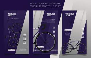 conjunto de plantilla de publicación en redes sociales en fondo púrpura con vector de bicicleta para el diseño del día mundial de la bicicleta