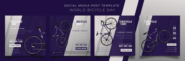 conjunto de plantillas de publicaciones en redes sociales con fondo cuadrado morado para el diseño del día mundial de la bicicleta vector