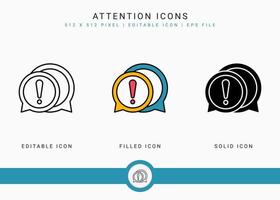 iconos de atención establecer ilustración vectorial con estilo de línea de icono sólido. concepto de alerta de signo de exclamación. icono de trazo editable en un fondo aislado para diseño web, interfaz de usuario y aplicación móvil vector