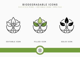 Biodegradable icons set vector illustration with solid icon line style. Recycle leaf concept. Editable stroke icon on isolated white background for web design, user interface, and mobile application