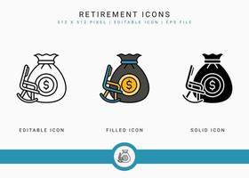 Retirement icons set vector illustration with icon line style. Pension fund plan concept. Editable stroke icon on isolated white background for web design, user interface, and mobile application