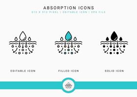 Absorption icons set vector illustration with solid icon line style. Skin water moisture concept. Editable stroke icon on isolated background for web design, user interface, and mobile application