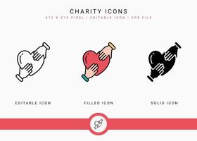 Charity icons set vector illustration with solid icon line style. Donation love support concept. Editable stroke icon on isolated background for web design, user interface, and mobile app