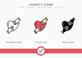 iconos de caridad establecer ilustración vectorial con estilo de línea de icono sólido. concepto de apoyo de amor de donación. icono de trazo editable en un fondo aislado para diseño web, interfaz de usuario y aplicación móvil vector