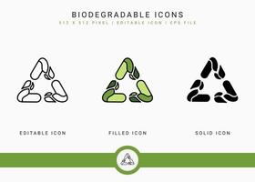 iconos biodegradables establecer ilustración vectorial con estilo de línea de icono sólido. reciclar el concepto de hoja. icono de trazo editable sobre fondo blanco aislado para diseño web, interfaz de usuario y aplicación móvil vector