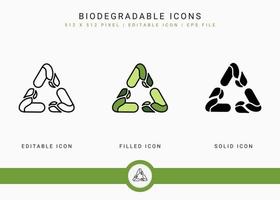 Biodegradable icons set vector illustration with solid icon line style. Recycle leaf concept. Editable stroke icon on isolated white background for web design, user interface, and mobile application