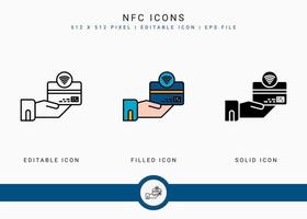 Los iconos nfc establecen una ilustración vectorial con un estilo de línea de icono sólido. concepto de pago inalámbrico. icono de trazo editable sobre fondo blanco aislado para diseño web, interfaz de usuario y aplicación móvil vector