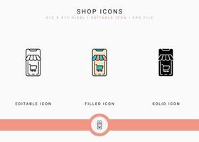 Shop icons set vector illustration with solid icon line style. Online store retail concept. Editable stroke icon on isolated background for web design, user interface, and mobile app