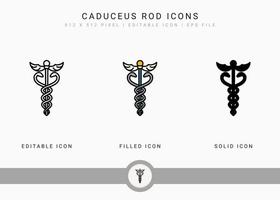 los iconos de varilla de caduceo establecen ilustración vectorial con estilo de línea de icono sólido. concepto de asclepio. icono de trazo editable en un fondo aislado para diseño web, interfaz de usuario y aplicación móvil vector