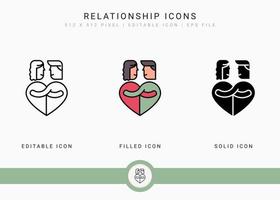 los iconos de relación establecen ilustración vectorial con estilo de línea de icono sólido. concepto de romance de amor de boda. icono de trazo editable en un fondo aislado para diseño web, interfaz de usuario y aplicación móvil vector