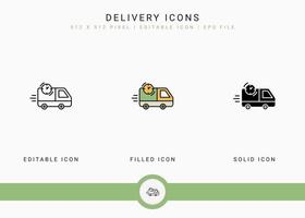 Delivery icons set vector illustration with solid icon line style. Online store retail concept. Editable stroke icon on isolated background for web design, user interface, and mobile app