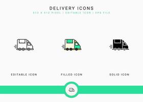 Delivery icons set vector illustration with solid icon line style. Online store retail concept. Editable stroke icon on isolated background for web design, user interface, and mobile app