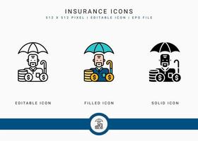 Insurance icons set vector illustration with icon line style. Pension fund plan concept. Editable stroke icon on isolated white background for web design, user interface, and mobile application