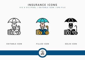 los iconos de seguros establecen una ilustración vectorial con un estilo de línea de iconos. concepto de plan de fondo de pensiones. icono de trazo editable sobre fondo blanco aislado para diseño web, interfaz de usuario y aplicación móvil vector