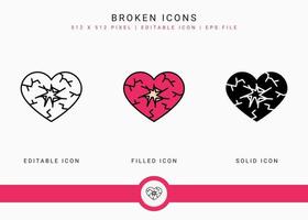 Broken icons set vector illustration with solid icon line style. Wedding love romance concept. Editable stroke icon on isolated background for web design, user interface, and mobile application