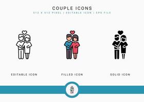 Couple icons set vector illustration with solid icon line style. Wedding love romance concept. Editable stroke icon on isolated background for web design, user interface, and mobile application