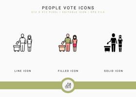 People vote icons set vector illustration with solid icon line style. Government public election concept. Editable stroke icon on isolated background for web design, user interface, and mobile app