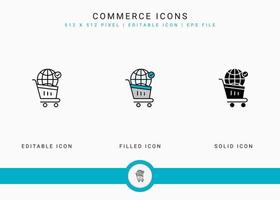 Commerce icons set vector illustration with solid icon line style. Online store retail concept. Editable stroke icon on isolated background for web design, user interface, and mobile app
