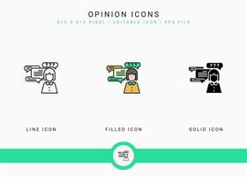 Opinion icons set vector illustration with solid icon line style. Customer satisfaction check concept. Editable stroke icon on isolated background for web design, infographic and UI mobile app.