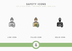 iconos de seguridad establecen ilustración vectorial con estilo de línea de icono sólido. concepto de accidente de trabajo seguro. icono de trazo editable en un fondo aislado para diseño web, interfaz de usuario y aplicación móvil vector