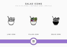 Los iconos de ensalada establecen ilustración vectorial con estilo de línea de icono sólido. concepto de ingredientes veganos saludables. icono de trazo editable sobre fondo blanco aislado para diseño web, interfaz de usuario y aplicación móvil vector