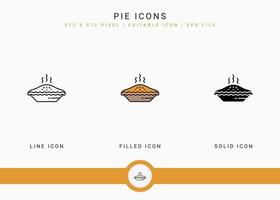 Pie icons set vector illustration with solid icon line style. Cookie bake cake concept. Editable stroke icon on isolated background for web design, user interface, and mobile app