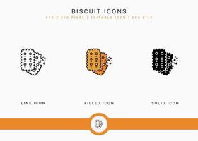 Biscuit icons set vector illustration with solid icon line style. Cookie bite concept. Editable stroke icon on isolated background for web design, user interface, and mobile app