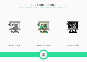 los iconos de conferencias establecen una ilustración vectorial con un estilo de línea de icono sólido. concepto de seminario web de video en línea. icono de trazo editable en un fondo aislado para diseño web, interfaz de usuario y aplicación móvil vector