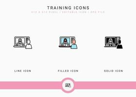Training icons set vector illustration with solid icon line style. Online video webinar concept. Editable stroke icon on isolated background for web design, user interface, and mobile app