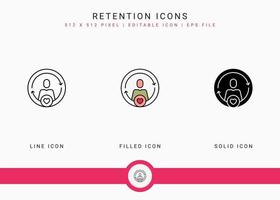 Retention icons set vector illustration with solid icon line style. Returning customer service concept. Editable stroke icon on isolated background for web design, infographic and UI mobile app.