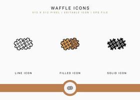 Waffle icons set vector illustration with solid icon line style. Cookie bake cake concept. Editable stroke icon on isolated background for web design, user interface, and mobile app