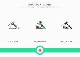 iconos de subasta establecen ilustración vectorial con estilo de línea de icono sólido. concepto de ley de acuerdo de oferta. icono de trazo editable en un fondo aislado para diseño web, interfaz de usuario y aplicación móvil vector