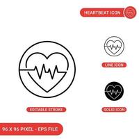 Heartbeat icons set vector illustration with solid icon line style. Healthy heart concept. Editable stroke icon on isolated background for web design, infographic and UI mobile app.