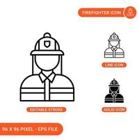 Firefighter icons set vector illustration with solid icon line style. Safety fireman concept. Editable stroke icon on isolated background for web design, infographic and UI mobile app.