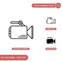 los iconos de la cámara de vídeo establecen una ilustración vectorial con un estilo de línea de icono sólido. concepto de captura de cine. icono de trazo editable en un fondo aislado para diseño web, infografía y aplicación móvil ui. vector