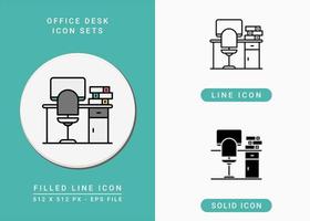 Office desk icons set vector illustration with solid icon line style. Workspace symbol. Editable stroke icon on isolated background for web design, infographic and UI mobile app.