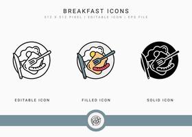 Breakfast icons set vector illustration with solid icon line style. Bread and egg food plate concept. Editable stroke icon on isolated background for web design, infographic and UI mobile app.