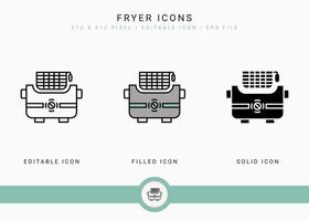 Fryer icons set vector illustration with solid icon line style. Potato basket concept. Editable stroke icon on isolated background for web design, infographic and UI mobile app.
