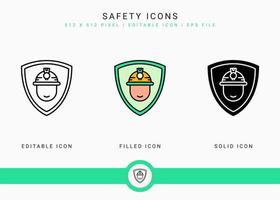 Safety icons set vector illustration with solid icon line style. Secure work accident concept. Editable stroke icon on isolated background for web design, user interface, and mobile application